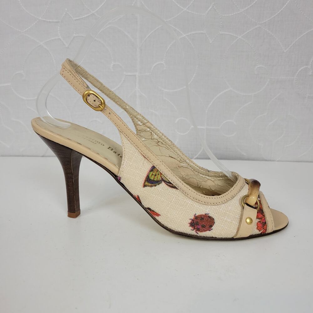 Massimo Baldi Womens Sandals Size 6.5 Cream Floral Open Toe Slingback Heels